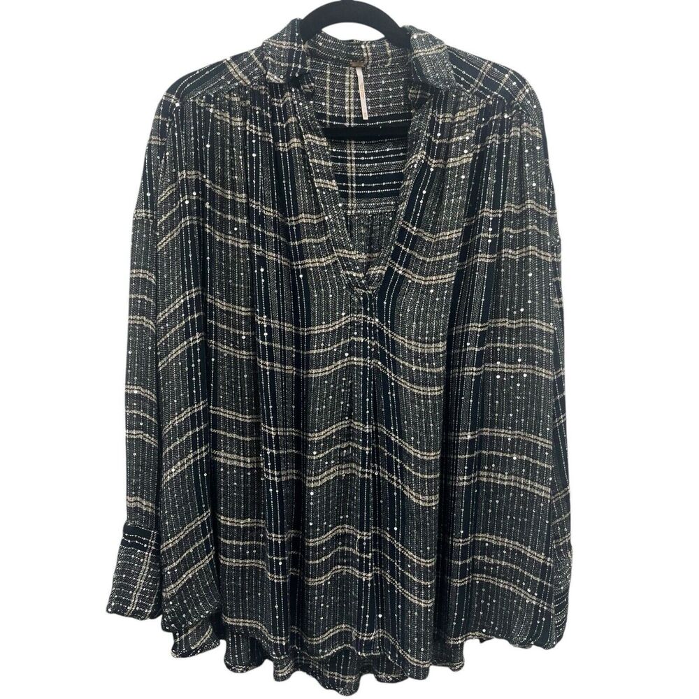 Free People XS Fearless Love Long Sleeve Tunic Top Oversized‎  Black Gold Sequin
